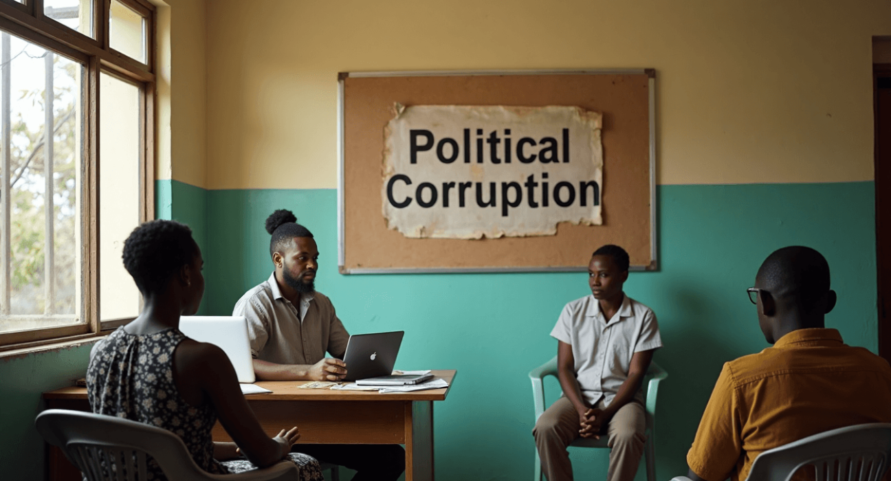 Nigerian government office with poster about political corruption