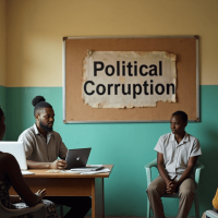 Nigerian government office with poster about political corruption