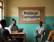 Nigerian government office with poster about political corruption