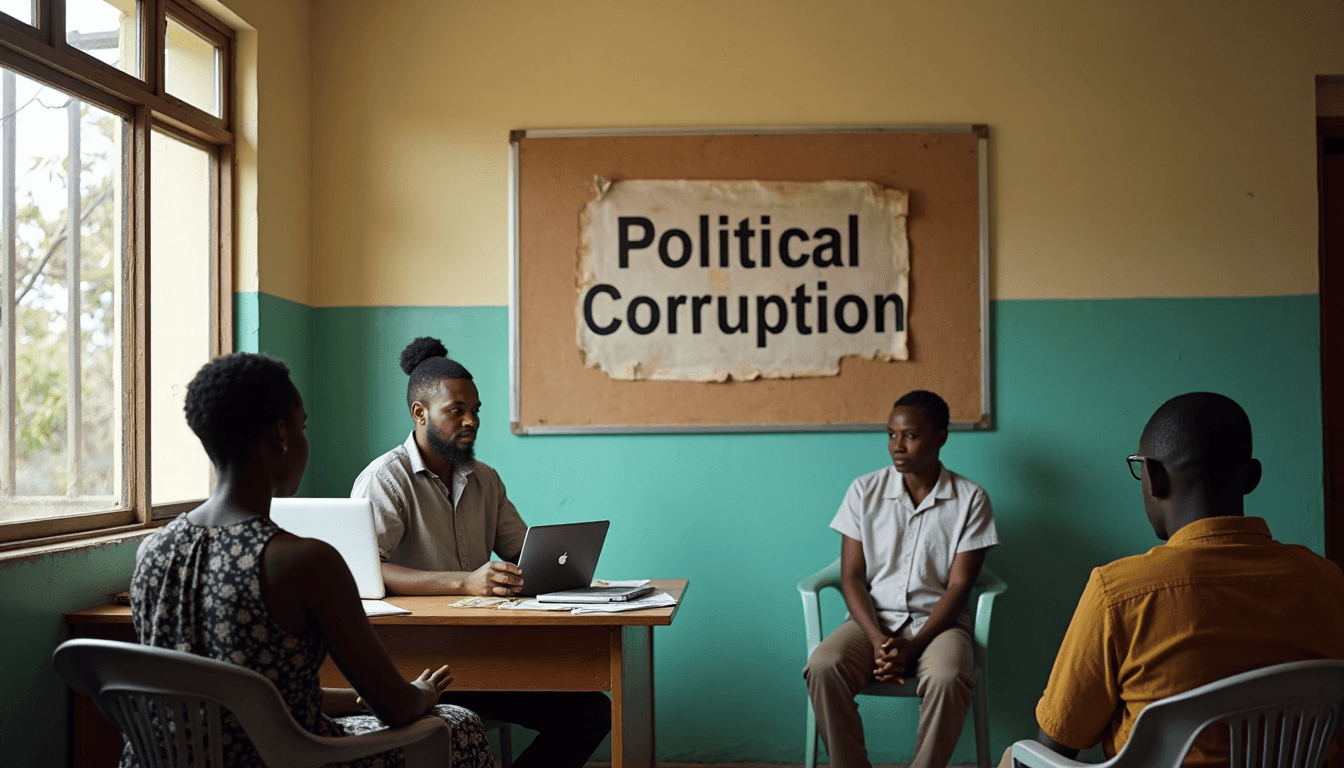 Nigerian government office with poster about political corruption