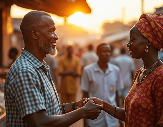 Nigerian community greeting at sunrise with Zakat 2025 sign